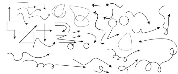 Hand drawn arrows, highlight, text underline strokes and emphasis marks. Set of Sketches of arrows, ellipse, rectangle, oval and mark. Collection of vector