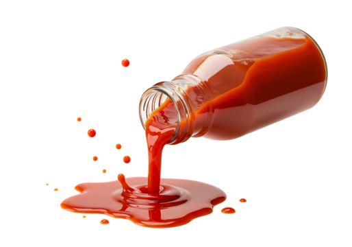 Tilted Bottle Pouring Tomato Sauce – Isolated Ketchup Splash on White Background