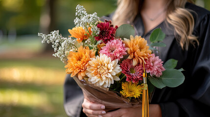 Graduate with Bouquet in Sunlit Park Celebrating Academic Success