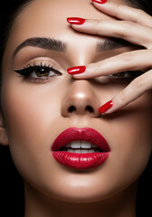 Woman with red nails and red lipstick looks confidently at the camera, her vibrant colors contrasting against a black and white background.