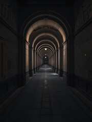 Fototapeta premium The image is a long, dark hallway with multiple archways along the sides