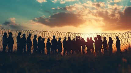 Silhouetted group of people stand at sunset before a barbed wire fence.