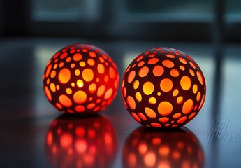 Vibrant Red Decorative Spheres with Unique Patterns Illuminating a Surface in a Soft Natural Light Setting