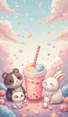 Kawaii Phone Wallpaper – Pastel Animals, Bubble Tea & Cute Stars, Adorable Pastel Aesthetic Background Mobile Phone Wallpaper