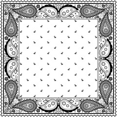 Bandana paisley square ethnic floral hand drawn pattern.Ornament classic vintage vector elements black on white background.Design for scarf,headscarf,kerchief,hijab,tablecloth,print fabric,decoration.