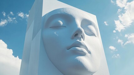 Serene face sculpted in white stone, set against a bright blue sky.