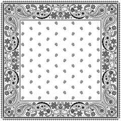 Bandana paisley square ethnic floral hand drawn pattern.Ornament classic vintage vector elements black on white background.Design for scarf,headscarf,kerchief,hijab,tablecloth,print fabric,decoration.