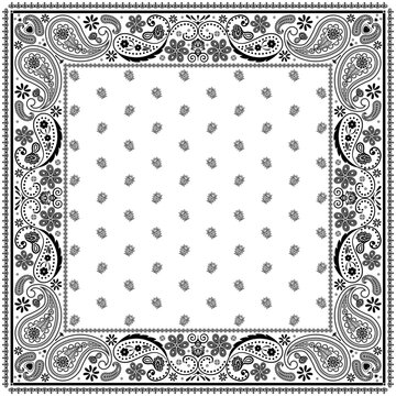Bandana paisley square ethnic floral hand drawn pattern.Ornament classic vintage vector elements black on white background.Design for scarf,headscarf,kerchief,hijab,tablecloth,print fabric,decoration.