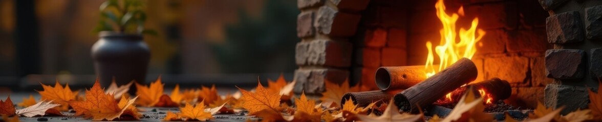 Golden leaves swirl around crackling fireplace, mug, nature