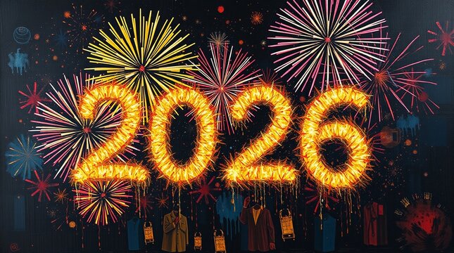 old acrylic painting of a 2026 Happy New Year fireworks celebration, dramatic cinematic style, intense lighting, high contrast, vibrant colors, textured brushstrokes, film-like composition.