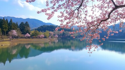 Serene lake reflecting blossoming cherry trees and mountains under a blue sky.