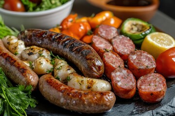 Delicious grilled meat with vegetables on barbecue grill with smoke