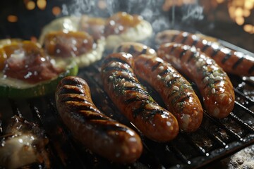 Delicious grilled meat with vegetables on barbecue grill with smoke