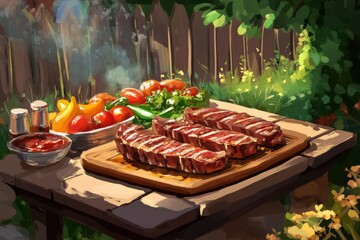 Delicious grilled meat with vegetables on barbecue grill with smoke