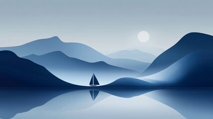 Serene minimalist landscape illustration featuring a sailboat on a calm lake surrounded by mountains under a full moon.