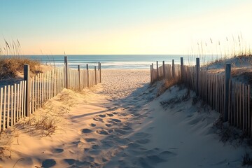 Seascape view through sandy walkway with weathered wooden fencing high resolution photo