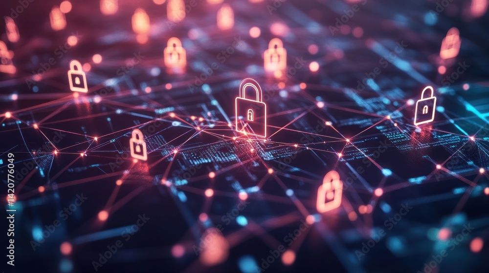 Poster network security visualization with interconnected padlocks for data protection