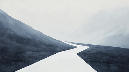 Serene, misty mountain road winding between dark hills.