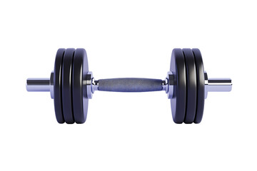 Fototapeta premium Symmetrical dumbbell with black plates and textured handle, isolated on white.