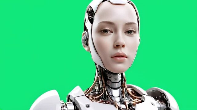Humanoid robot with a seamless blend of human and robotic features, half woman half machine , slow head movement and  smooth camera slight pan motion, green screen