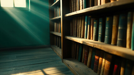 Fototapeta premium Sunlight Streams Through Window in Cozy Vintage Library with Wooden Shelves and Books