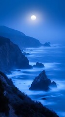A serene coastal landscape under a full moon, featuring misty waves and rocky formations.