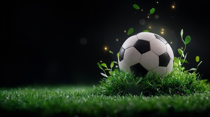 Fototapeta premium Soccer ball emerging from lush green grass with sparkles
