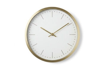 A clock with a gold frame and white face