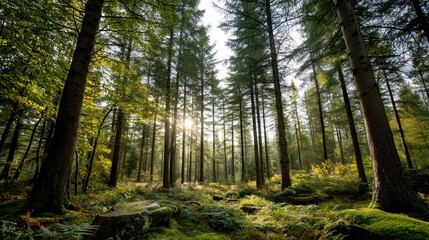 Naklejka premium Sunlight filtering through a dense forest (3)