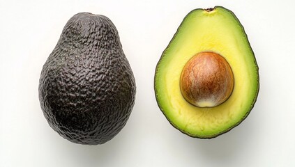 Whole and halved avocado on a white background. 