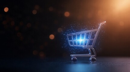 Glowing shopping cart with sparkling effects on dark background