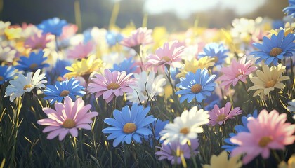multi-colored daisies in full bloom, showcasing a mix of blue, pink, yellow, and white flowers under bright sunlight, creating a lively and colorful scene