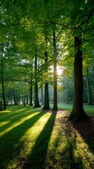Fototapeta premium Sunlight filtering through a lush forest canopy, casting long shadows on the ground