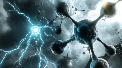 Artistic representation of atomic chemistry with glowing particles and intricate energy flows between molecules in a high tech space