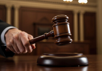 Judge's gavel striking a wooden block in courtroom.