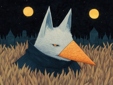 A foxlike creature with an orange beak stands in a field at night under two moons