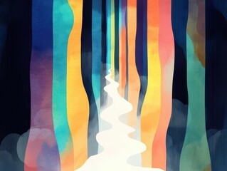 A surreal path cutting through multicolored abstract forest