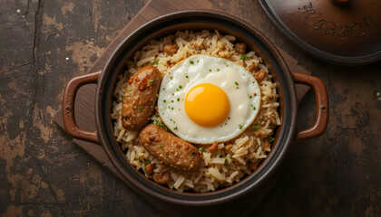 Serving Rice Bowl with Egg and Sausage on Wooden Surface