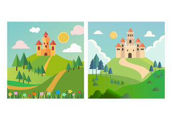 Fairy tale castle vector illustration set for cartoon series or book illustration for kid