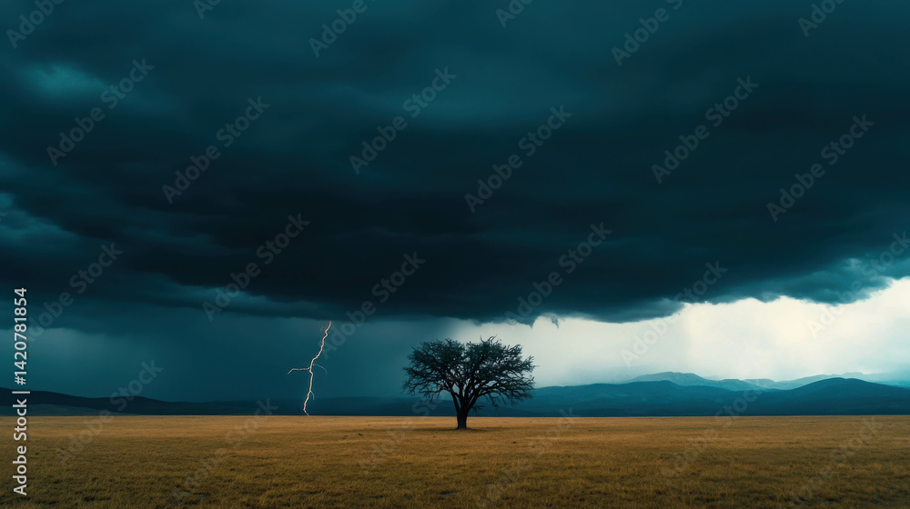 Poster dark thunderstorm clouds over isolated tree in open field with lightning striking ground