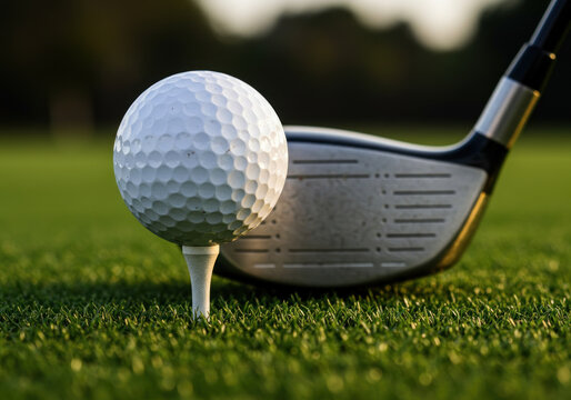 Golf ball rests by a driver on lush green grass, ready for a powerful swing.