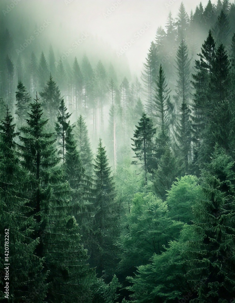 Poster n abstract depiction of a dense forest enveloped in ethereal mist, with soft gradients of green and 