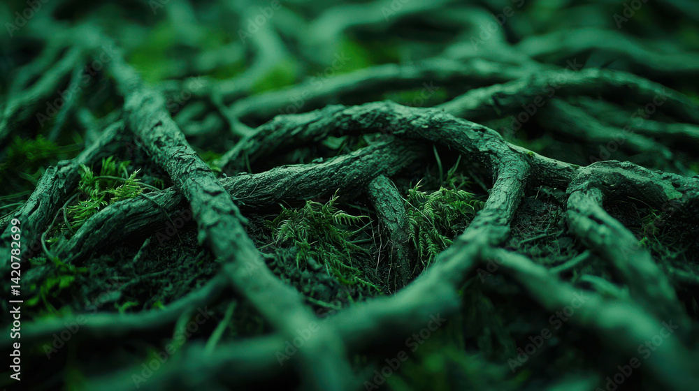 Poster intricate roots in a forest setting with lush green moss and earthy textures