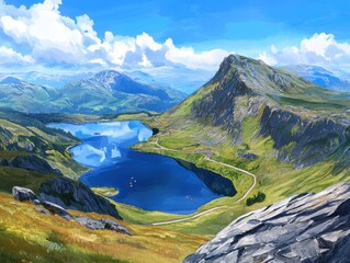 Alpine Lake Vista Emerald slopes embrace deep blue waters under a vast cloudstrewn sky