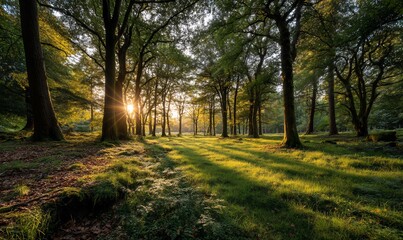 Obraz premium Sunlight streams through a forest at sunrise, illuminating the ground with golden rays