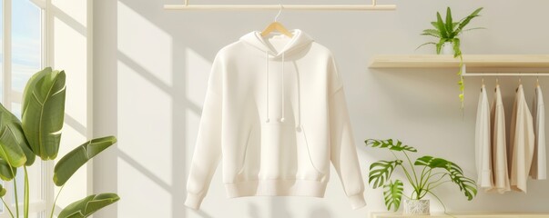 Stylish Mockup of White Hoodie on Hanger in Minimalist Setting