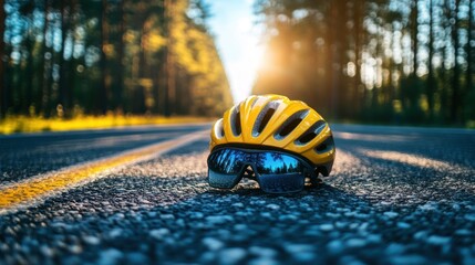 Cycling helmet and sunglasses resting on a sun-drenched road through the forest