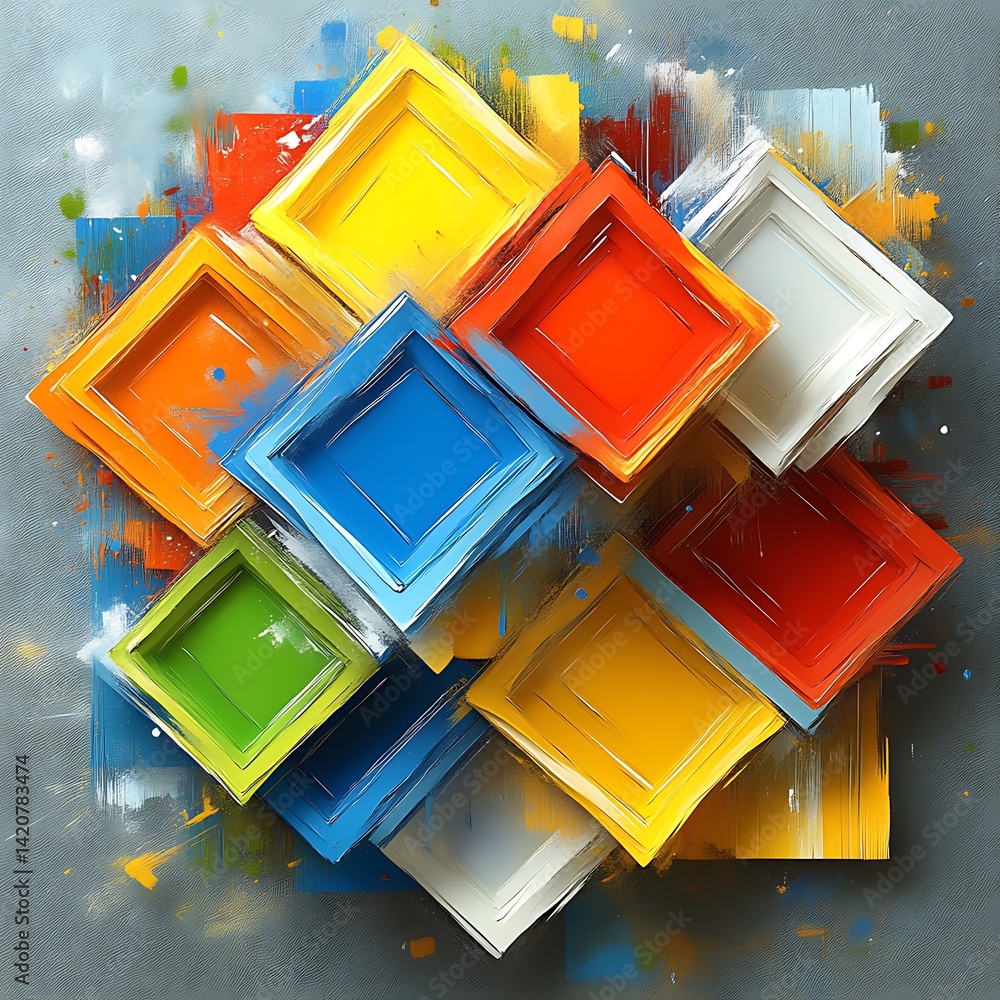 Poster vibrant paint squares overlap on textured background