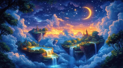 Fototapeta premium Fantasy landscape with floating islands, waterfalls, castles, and a crescent moon in a starry sky. Dreamy, magical, and serene atmosphere.