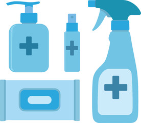 Sanitizing and Cleaning Products Vector – Disinfectant Spray, Wipes, Pump Bottle Icons